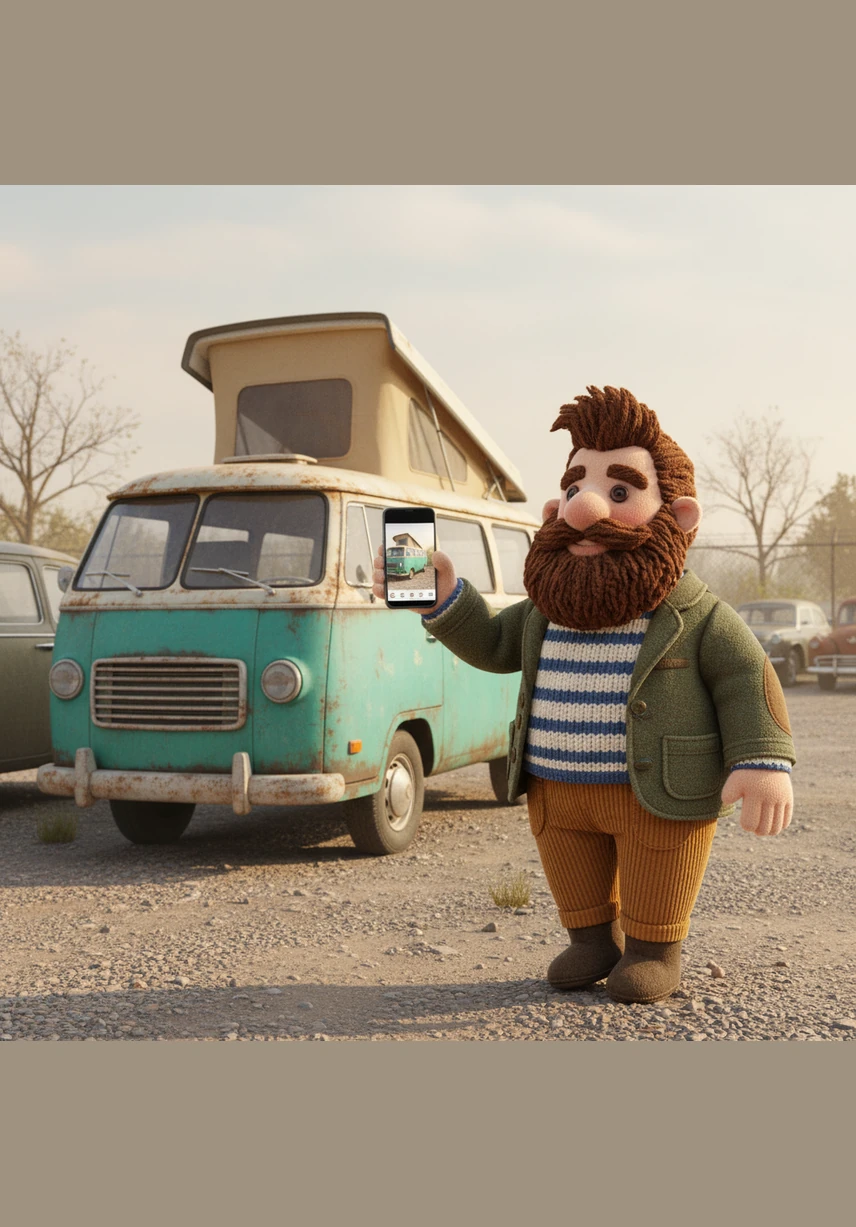 Julian walks through a local vintage car lot, his eyes landing on a perfectly weathered teal camper van. He snaps a photo and sends it to Elena with the coordinates, secretly nudging her toward the dream she thought was impossible.