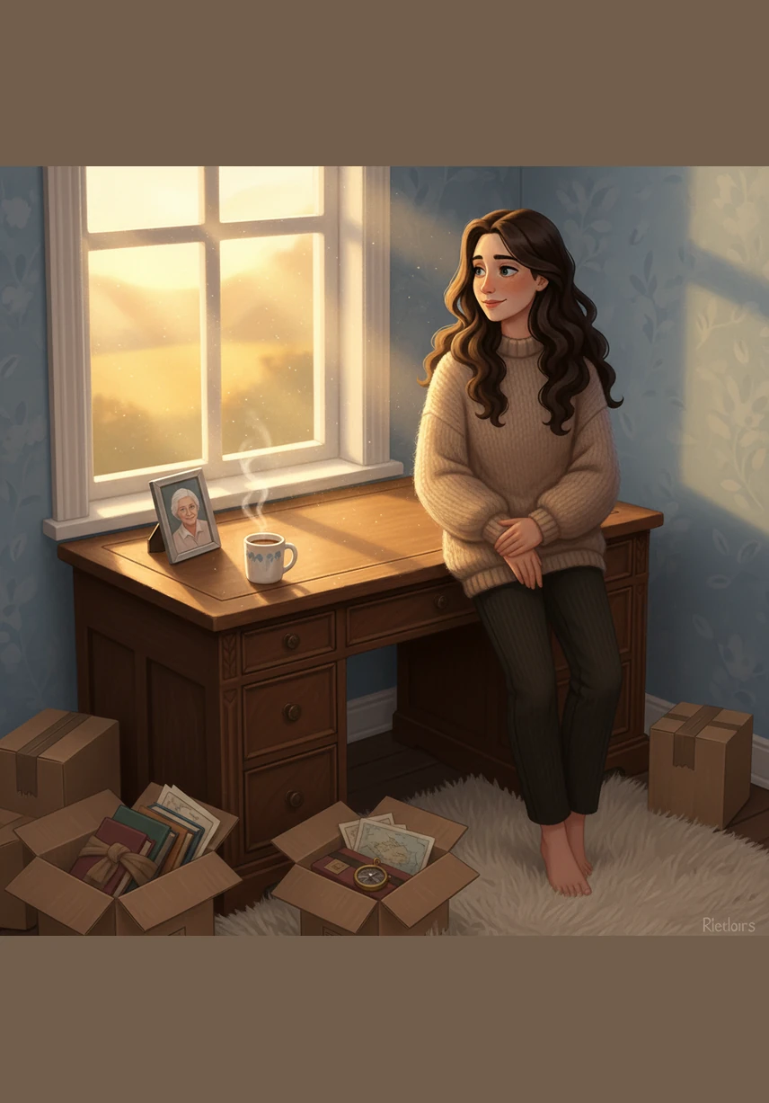 The sun sets over a rugged coastline as Elena leans against her newly purchased van, the salty breeze tossing her hair. She takes a deep breath of the ocean air and sends a photo of the horizon to Julian, thanking him for the dare that changed everything.