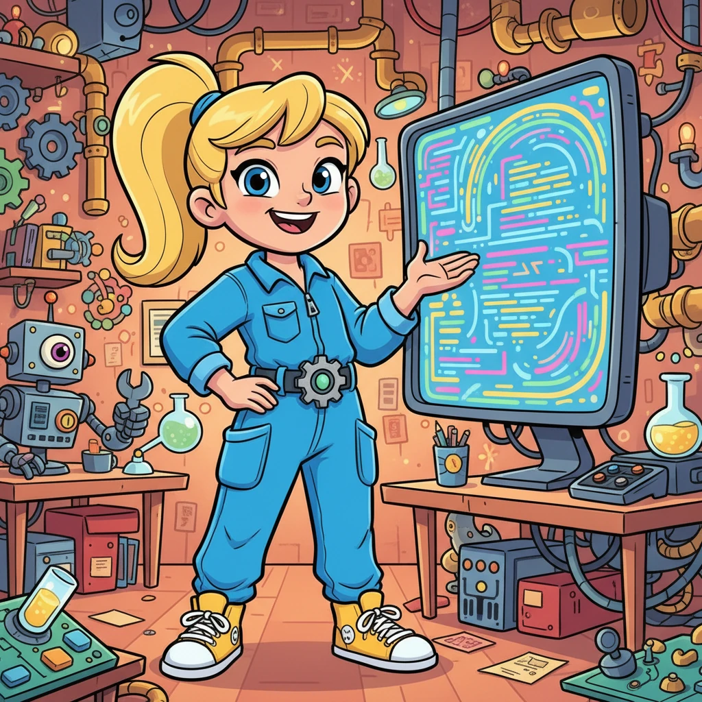 Vera Verify, a cheerful inventor with a springy ponytail and a bright blue jumpsuit, stands proudly beside a giant, whimsical computer screen filled with colorful, swirling code. Her office is a joyous explosion of gears, wires, and blinking lights, all neatly organized. She gives a knowing wink, ready for a day of making things work perfectly.