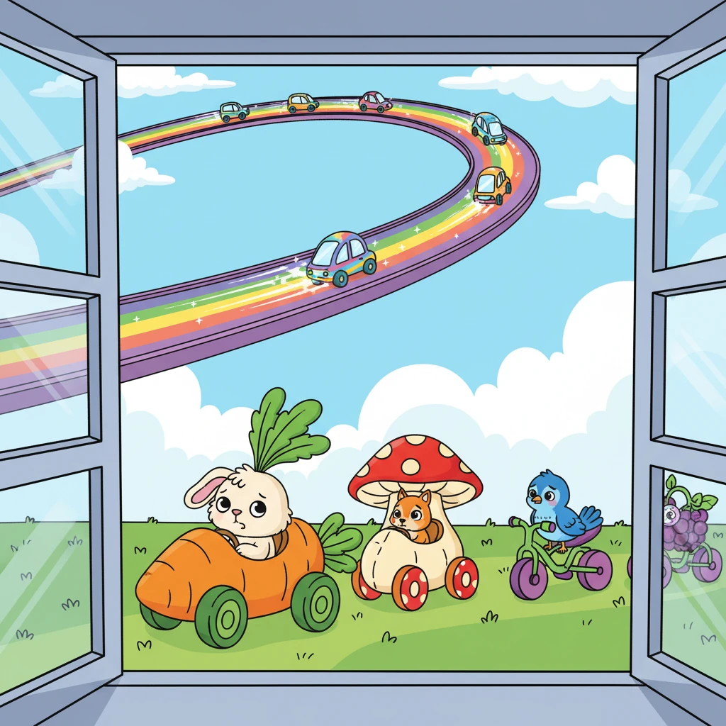 Outside Vera's window, a bustling rainbow road stretches across the sky, but down below, a line of adorable, unique vehicles—a carrot-car, a mushroom-mobile, a berry-bike—are all patiently waiting. Their drivers, little animal friends, look a bit sad and confused, unable to join the fun on the colorful path.