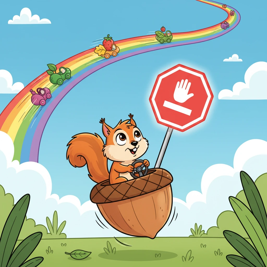 A tiny, energetic squirrel named Squeaky, clutching the steering wheel of his acorn-shaped car, bounces with impatience. His big, hopeful eyes peer up at the rainbow road, wishing he could zoom along with the other vehicles, but his car has a little "STOP" sign magically hovering above it.