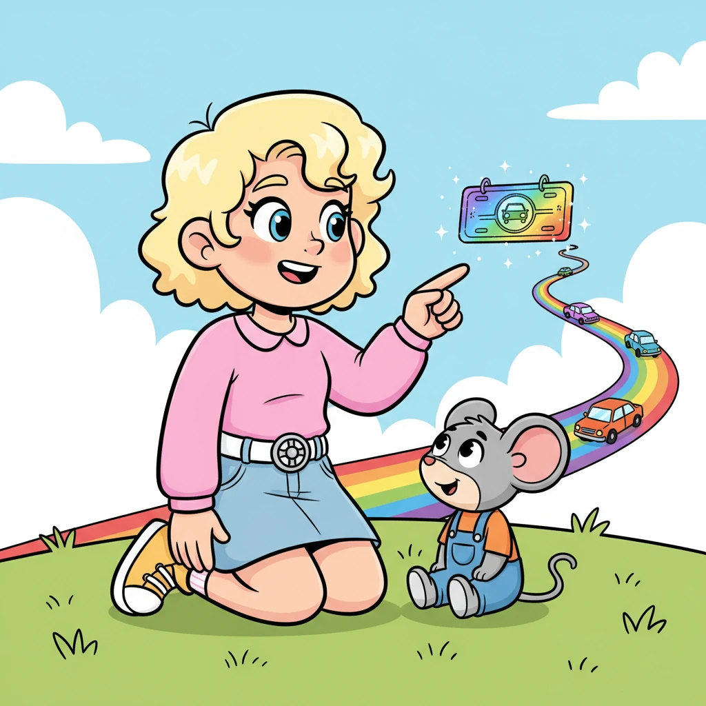 Vera, with a kind smile, kneels beside Squeaky. She explains how the special "Go-Ahead Glyph" helps everyone travel safely and smoothly on the busy rainbow roads, making sure all vehicles are ready for their grand adventures. She points to a sparkly, imaginary glyph in the air.