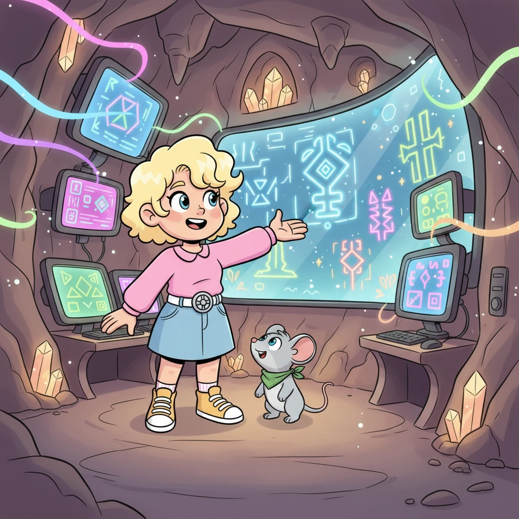 Vera leads Squeaky into her secret "VS Code Cavern," a cozy, glowing cave filled with more whimsical computers and shimmering screens. Magical lines of colorful code dance across the walls as Vera, with a grand gesture, shows Squeaky how she designs the intricate, important glyphs.