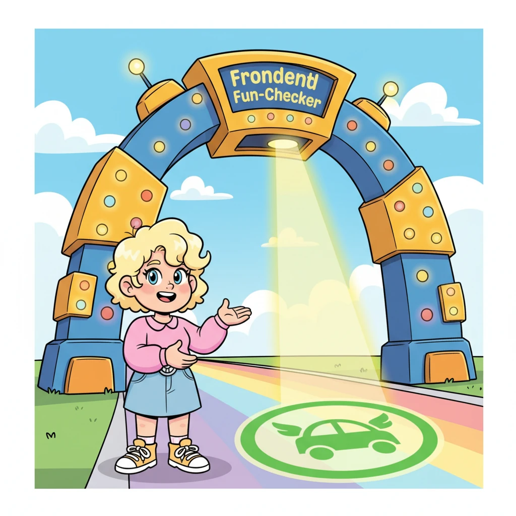 Next, Vera shows Squeaky the "Frontend Fun-Checker," a magnificent, arching machine adorned with twinkling lights and a friendly scanning beam. This is where vehicles get their special Go-Ahead Glyph, a bright stamp of approval for safe travels on the rainbow roads.