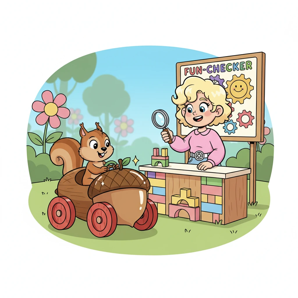 Squeaky, brimming with excitement, carefully guides his acorn-mobile towards the Fun-Checker. He proudly presents his vehicle, making sure it's sparkling clean and ready for its important check, his little paws tightly gripping the steering wheel.