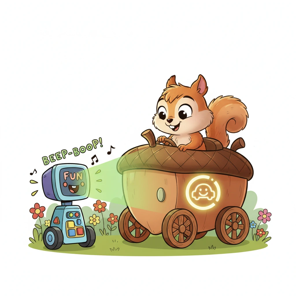 The Fun-Checker whirs with a cheerful hum, its scanning beam gently passing over Squeaky's acorn-mobile. With a happy "BEEP-BOOP!" sound, a brilliant, glowing Go-Ahead Glyph instantly appears on the side of his car, making Squeaky's eyes widen with delight.
