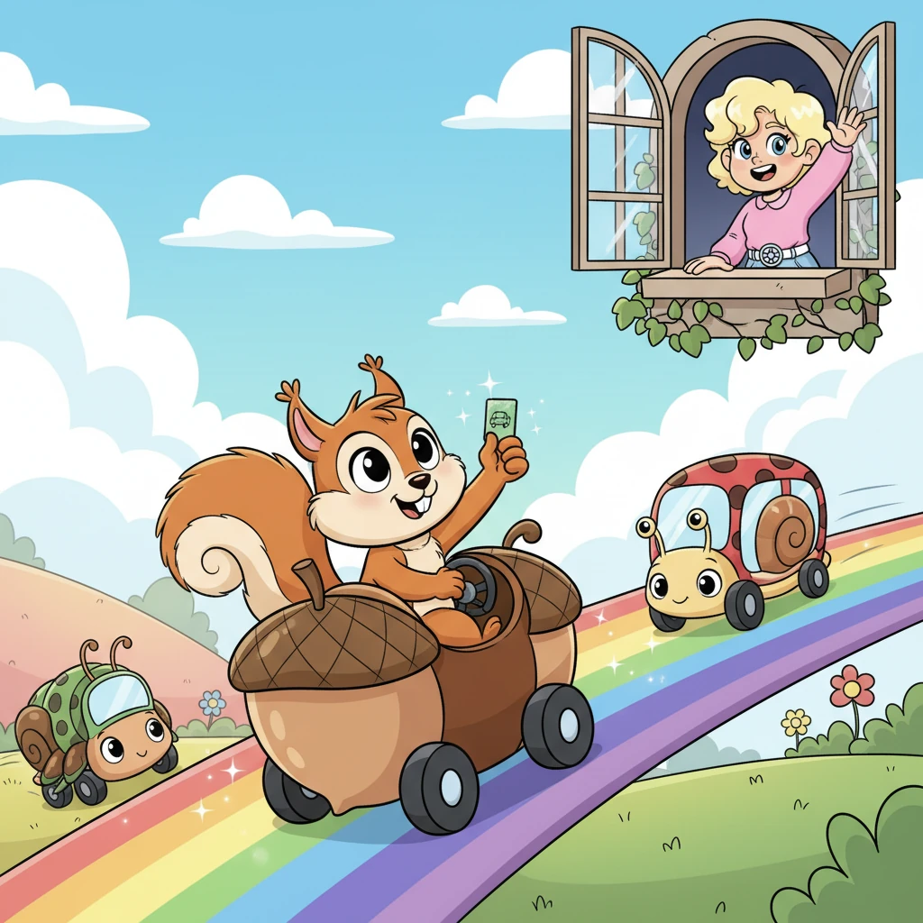 With his brand-new Go-Ahead Glyph, Squeaky zooms onto the rainbow road, his acorn-mobile sparkling as he playfully weaves among other happy vehicles. He waves a tiny paw at Vera, who watches from her window, a huge grin spreading across his face.