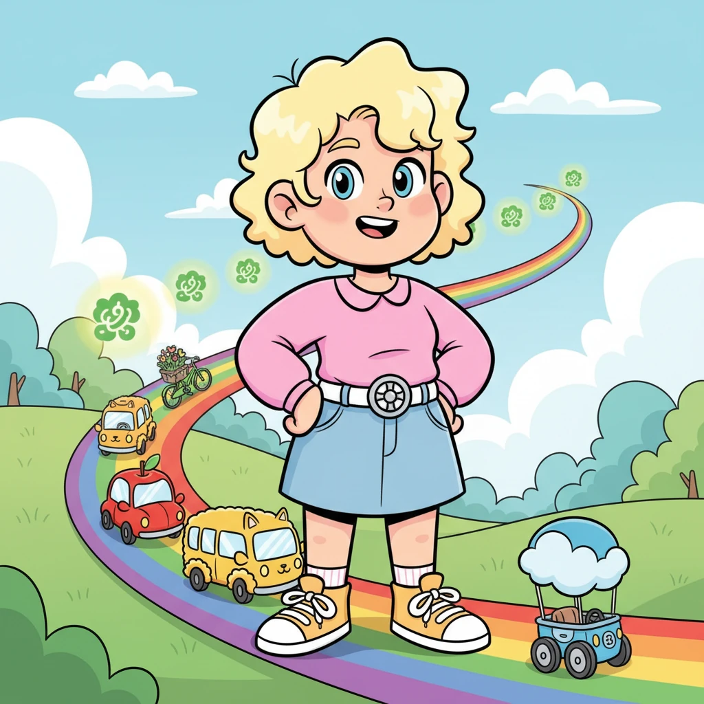 Vera stands tall, hands on her hips, a proud smile gracing her lips as she gazes out at the joyous parade of vehicles on the rainbow road. She knows her clever system keeps everyone safe and happy, ready for endless adventures, all thanks to her perfectly crafted Go-Ahead Glyphs.