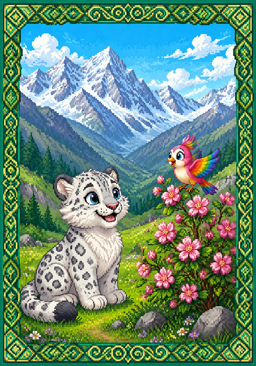 On a bright, sun-drenched green meadow beneath the majestic peaks of the Trans-Ili Alatau mountains, a fluffy, smiling snow leopard named Alan sits peacefully. A tiny, vibrant bird named Ayala flutters down to perch on the blossom of a nearby wild shrub, greeting him with a cheerful song. Elegant traditional emerald patterns frame the edges of this beautiful mountain meeting.