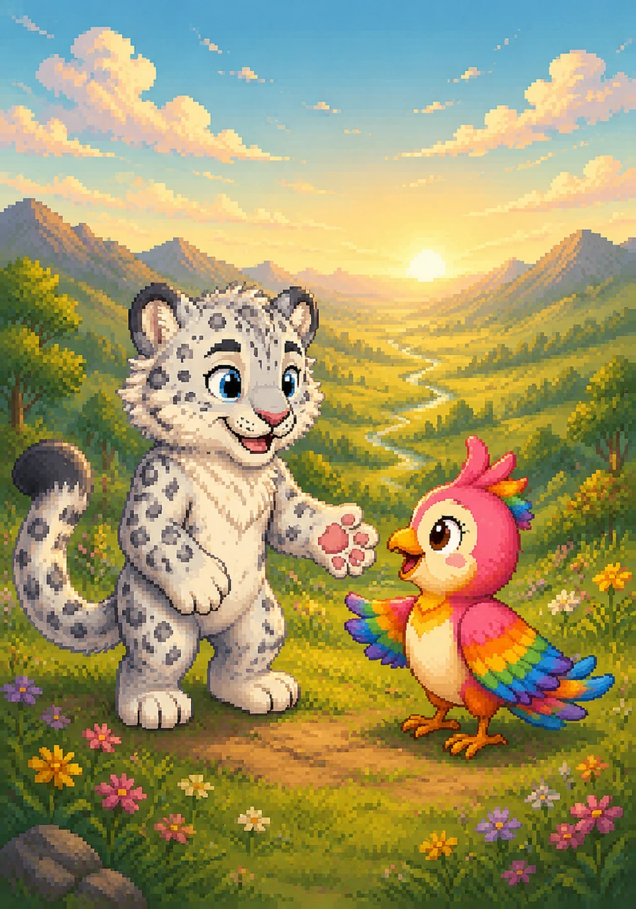 Alan smiles warmly and welcomes his new feathered friend to the sunny foothills. Ayala chirps happily in return, her colorful feathers catching the morning light as they instantly bond over the beauty of the vast valley. The two new friends share a wonderful moment of introduction, eager to learn more about each other.