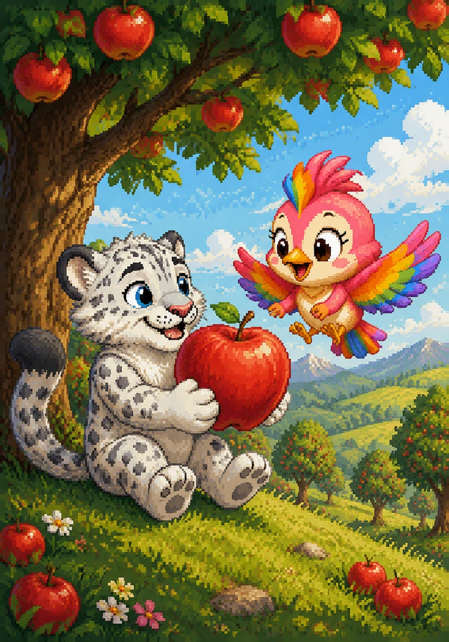 Sitting under the shade of a massive apple tree in a lush Almaty orchard, Alan holds a large, perfectly ripe, crimson Aport apple in his big paws. He gently offers the magnificent fruit to Ayala, who flutters her wings with pure joy and excitement at his wonderful hospitality.