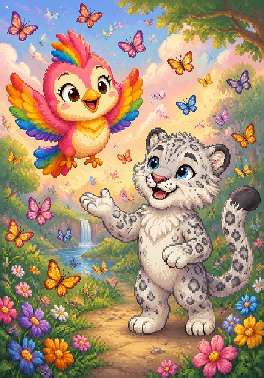 Ayala chirps her sweet appreciation, dancing through the air as colorful butterflies flutter all around them in the warm, friendly breeze. Alan happily reminds her that sharing brings the greatest joy, creating an atmosphere filled with warmth and kindness.