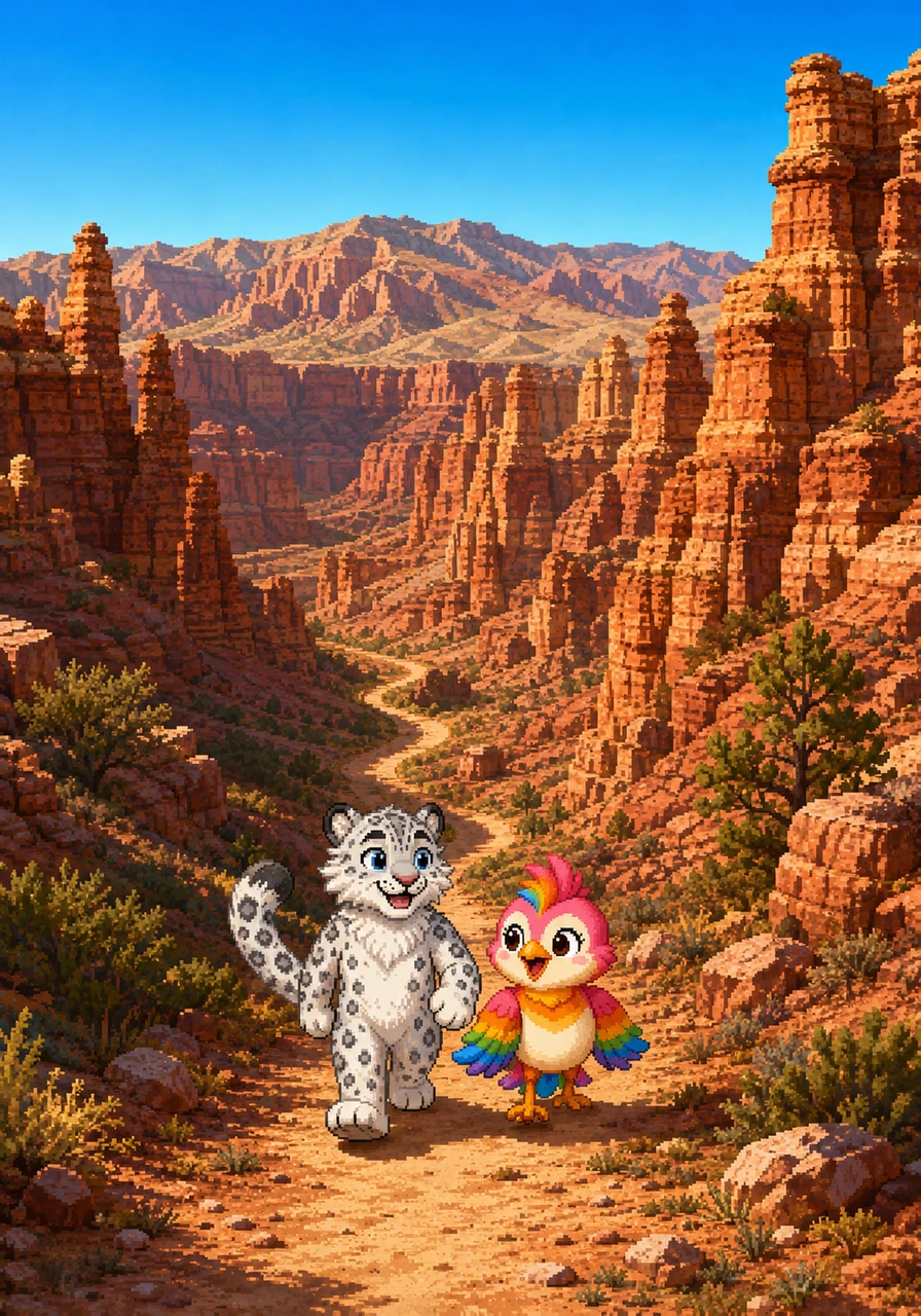 The two companions embark on a grand adventure, strolling along a winding dirt path deep inside the spectacular, sun-kissed Charyn Canyon. The sky above is a brilliant, cloudless blue, and a gentle sun bathes the ancient red rock formations in a golden glow.