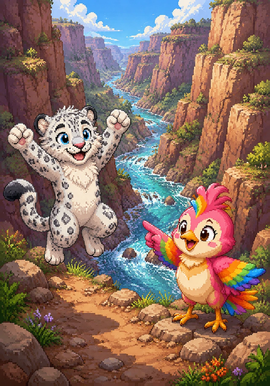 Inspired by the lovely day, Ayala suggests they venture down toward the cool, rushing river winding through the canyon floor. Alan jumps up with enthusiasm, agreeing that a riverside walk is the absolute best idea for a pair of explorers.
