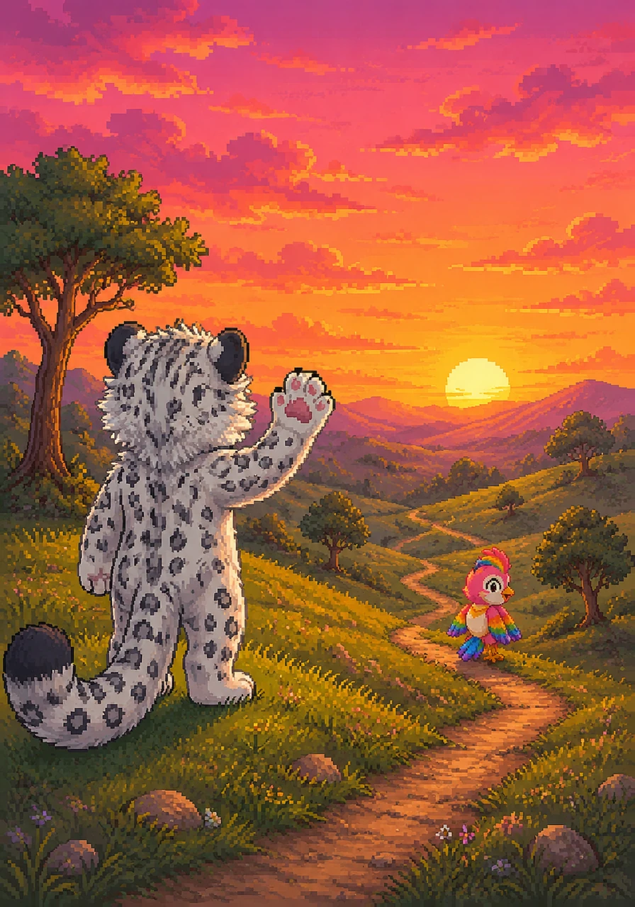 As the day draws to a close, a warm sunset paints the vast sky in beautiful shades of pink, orange, and gold. Alan stands atop a gentle grassy hill, raising his paw to wave a fond farewell to his wonderful new companion.