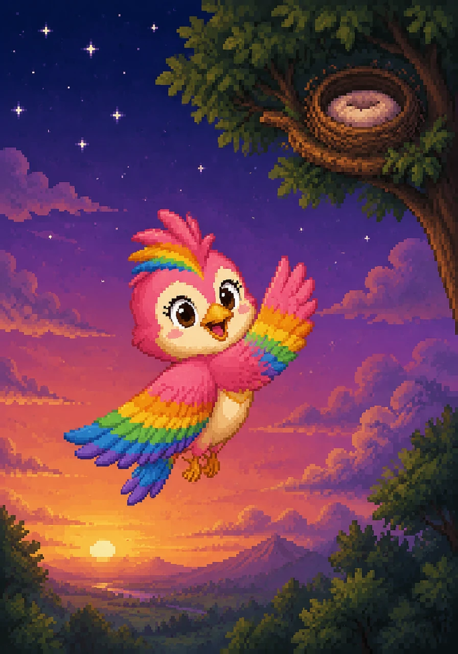Ayala takes flight into the evening sky, heading back toward her cozy nest while looking back to wave her wing in return. The first twinkling silver stars begin to appear in the darkening twilight, signaling the end of a perfect day.