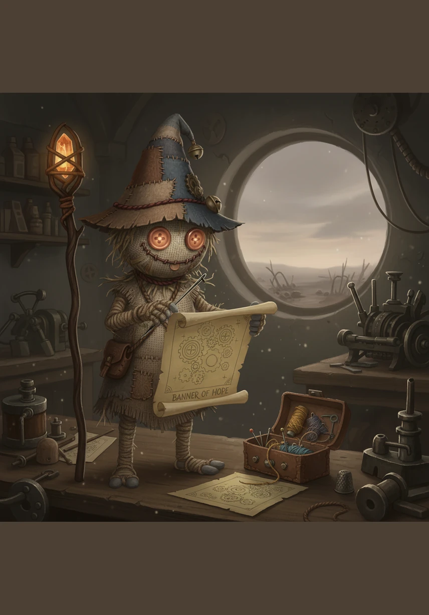 Kai, a small burlap traveler with glowing copper eyes, discovers an ancient blueprint for a banner of hope in his dusty, mechanical workshop. He gathers his sewing kit and prepares for a long journey across the vast, silent wasteland.