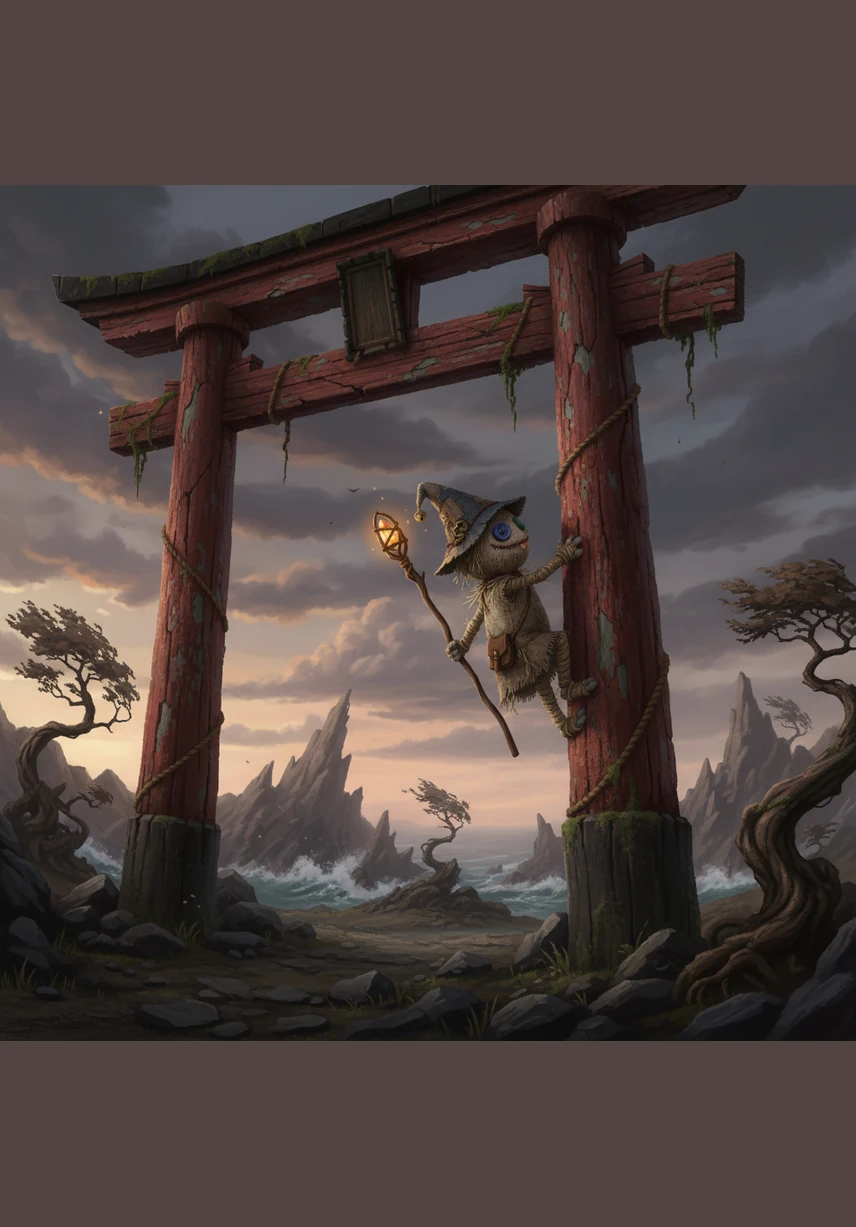 His first destination is the Great Torii Gate, a towering structure of weathered wood standing defiantly amidst rusted industrial ruins. Kai climbs the ancient structure to collect a splinter of its sacred timber that still pulses with a soft, ethereal light.