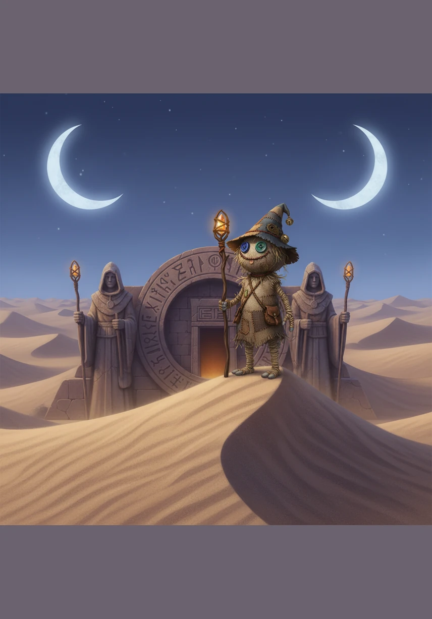 Leaving the ruins behind, Kai enters a desert of glass where a solitary, metallic palm tree grows toward the twilight sky. He carefully harvests a leaf of shimmering brass that hums with the rhythmic sound of a distant ocean.