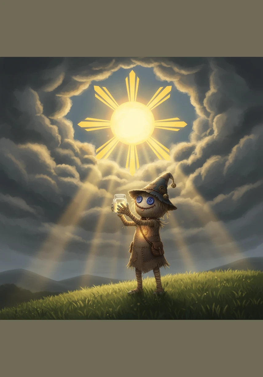 Suddenly, the heavy clouds part to reveal the majestic Filipino sun, its eight rays stretching across the horizon like golden fingers. Kai holds up a small glass jar to capture its brilliant, radiant light, feeling its warmth seep into his stitched heart.
