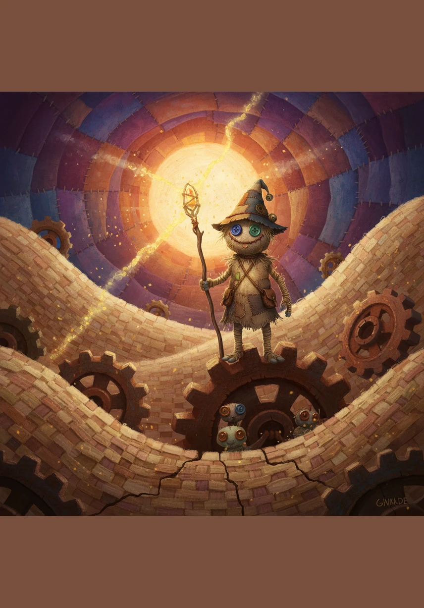 In a valley of shifting sands and grinding gears, Kai encounters two massive, floating dice that tumble through the air with every gust of wind. He uses his grappling hook to snag the tumbling cubes, securing the essence of luck and chance for his mission.