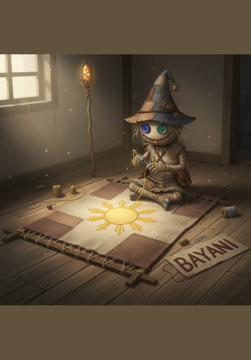 He carefully embroiders the Filipino sun at the center of the canvas, its golden rays overlapping the other symbols in a brilliant display of light. The banner begins to float slightly above the ground, weightless and filled with a newfound magical power.