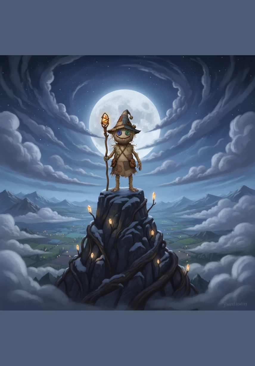 Kai climbs the highest peak in the land and plants the banner's heavy staff firmly into the rocky ground. As the dice symbols settle into the corner of the design, a wave of vibrant color washes over the previously grey landscape.