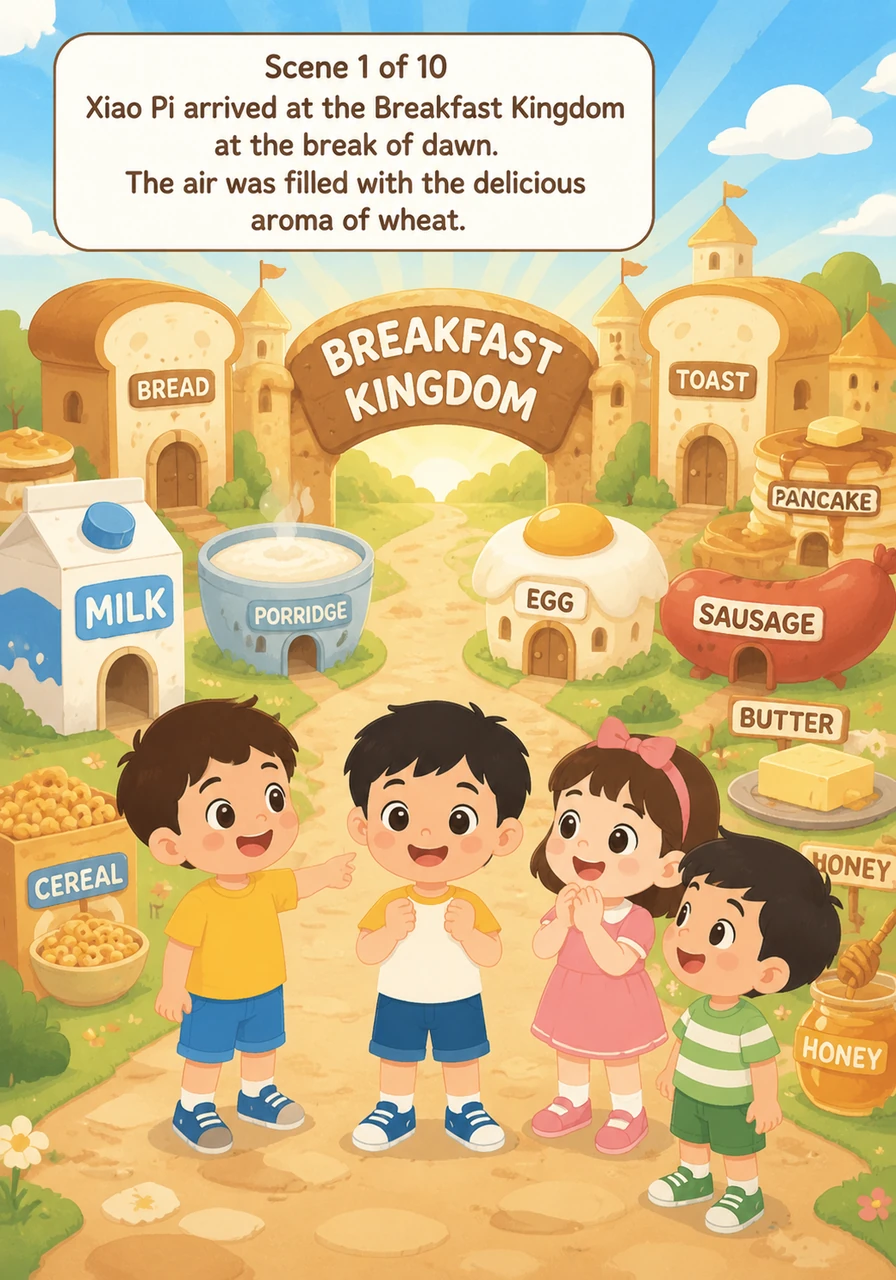 小皮来到了晨光熹微的早餐王国，空气中飘着诱人的麦香。这里有：Bread 面包, Egg 鸡蛋, Milk 牛奶, Toast 吐司, Porridge 粥, Sausage 香肠, Butter 黄油, Honey 蜂蜜, Cereal 麦片, Pancake 煎饼。