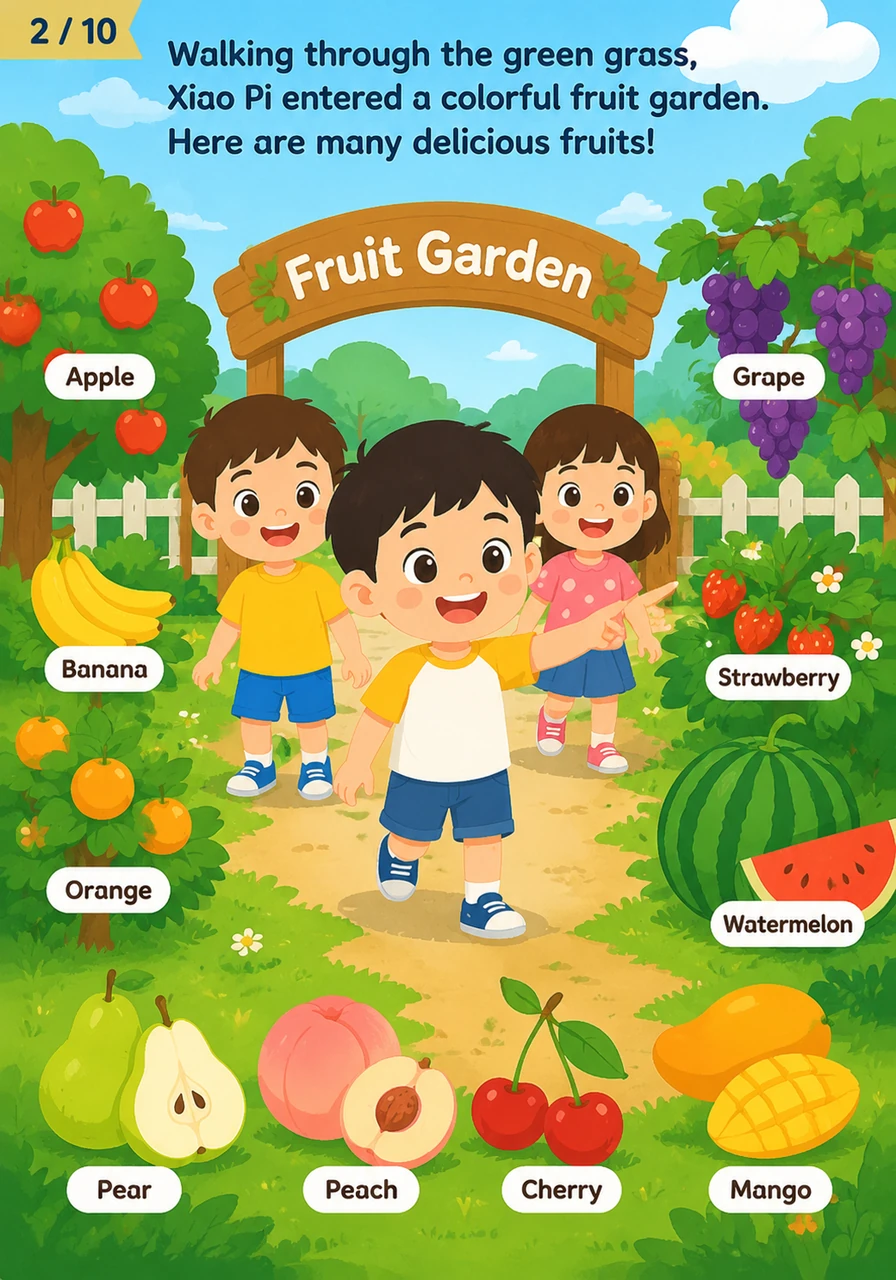 穿过翠绿的草地，小皮进入了五彩缤纷的水果园。这里有：Apple 苹果, Banana 香蕉, Orange 橙子, Grape 葡萄, Strawberry 草莓, Watermelon 西瓜, Pear 梨, Peach 桃子, Cherry 樱桃, Mango 芒果。