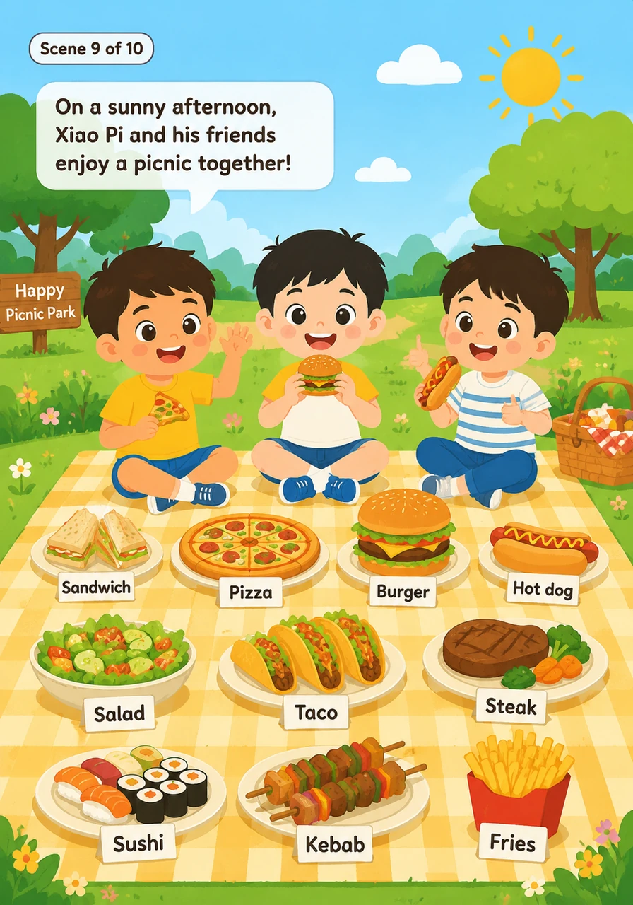 阳光灿烂的下午，小皮和朋友们在野餐公园开心地聚会。这里有：Sandwich 三明治, Pizza 比萨, Burger 汉堡, Hot dog 热狗, Salad 沙拉, Taco 塔可, Steak 牛排, Sushi 寿司, Kebab 烤肉串, Fries 薯条。