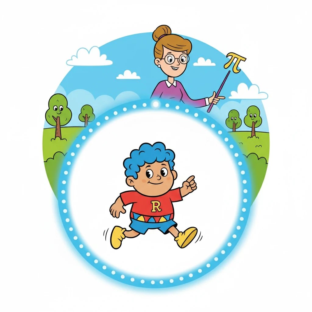 Next, Ms. Theorem pointed out the 'perimeter,' or the distance around the circle, also known as the circumference. She showed how to find it using the formula 2πr. Radius imagined himself walking around the edge of a giant circle.