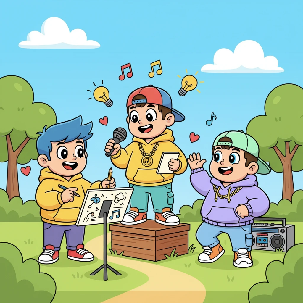 Készülj fel egy vidám kalandra, ahol Kkevin, Vini és VZs, a három jó barát nemcsak menő rap dalokat ír, hanem a szerelem izgalmas útjára is lép! Kövesd a fiúk történetét, ahogy rímeket faragnak, bátorságot gyűjtenek, és megtanulják, hogy a boldogság néha a legváratlanabb pillanatokban talál ránk. Egy szívmelengető mese barátságról, zenéről és a szerelem erejéről, tele nevetéssel és szeretettel!