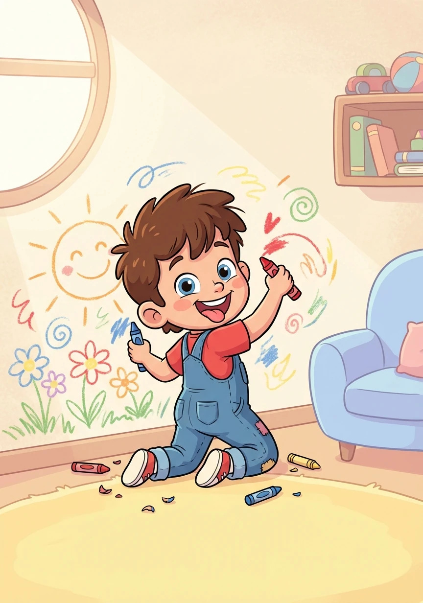 Timmy was a little boy full of energy. One sunny morning, he decided to paint the living room wall with his crayons!