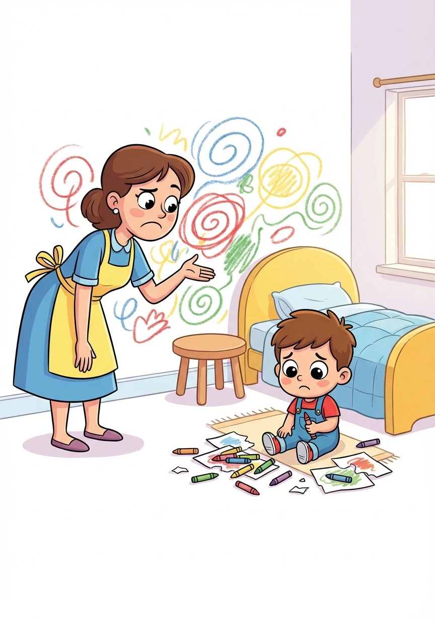 Mom walked in and saw the colorful mess. She wasn't happy, but she took a deep breath and explained why drawing on the walls was wrong.