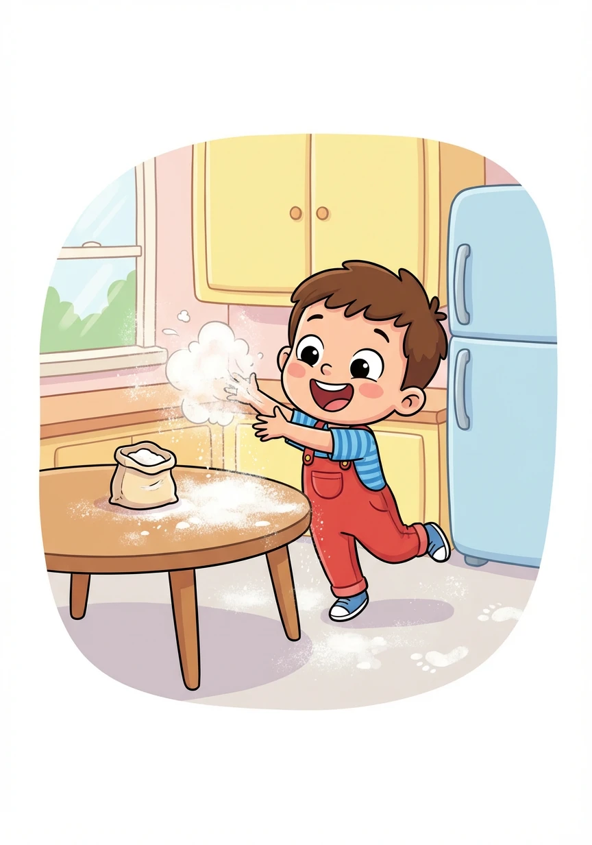 Next, Timmy found the kitchen flour and decided to make it snow inside! He threw it everywhere, giggling with glee.