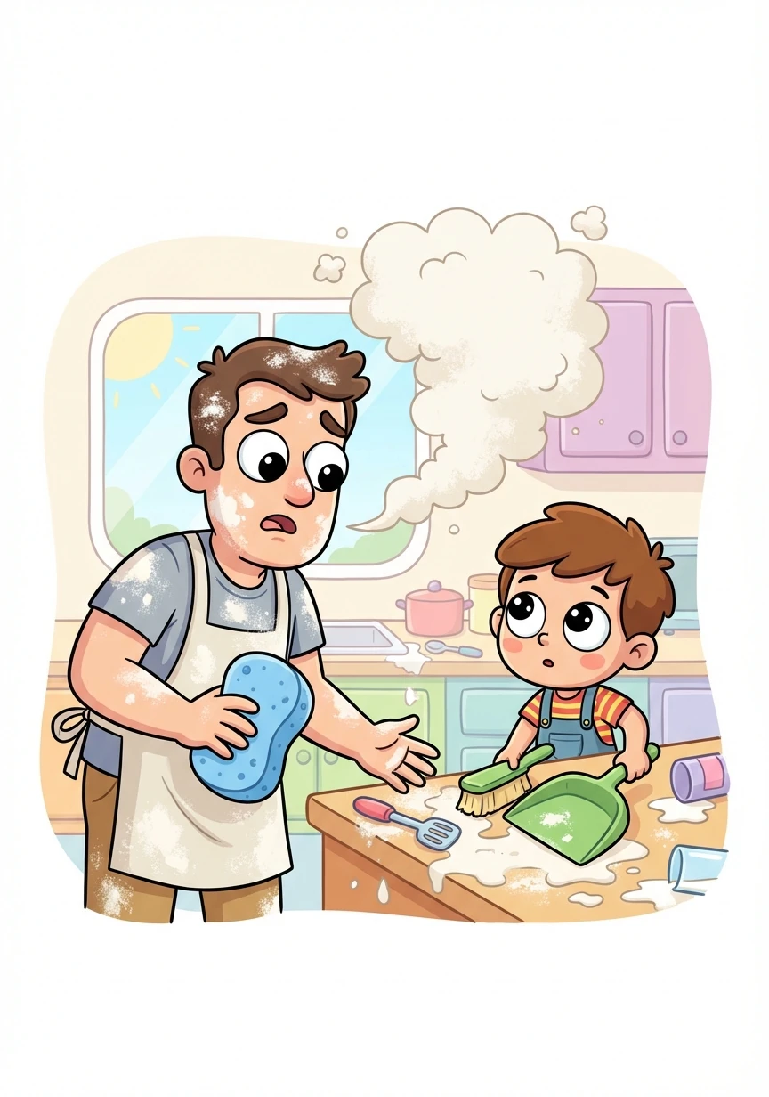 Dad entered the kitchen covered in flour. He sighed and showed Timmy how to clean up the mess he had made.
