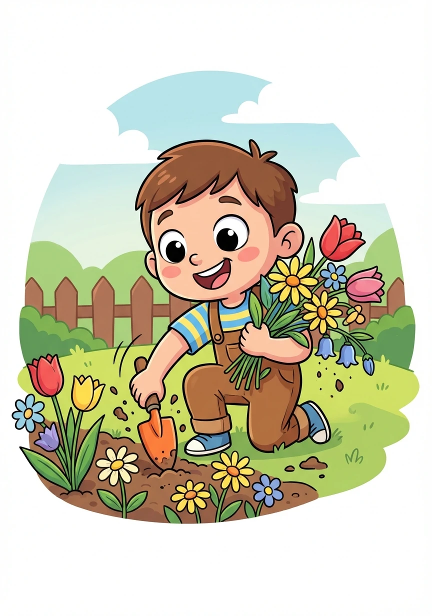In the garden, Timmy discovered the flower bed. He started digging, pulling out all the pretty flowers to make a 'bouquet' for Mom.