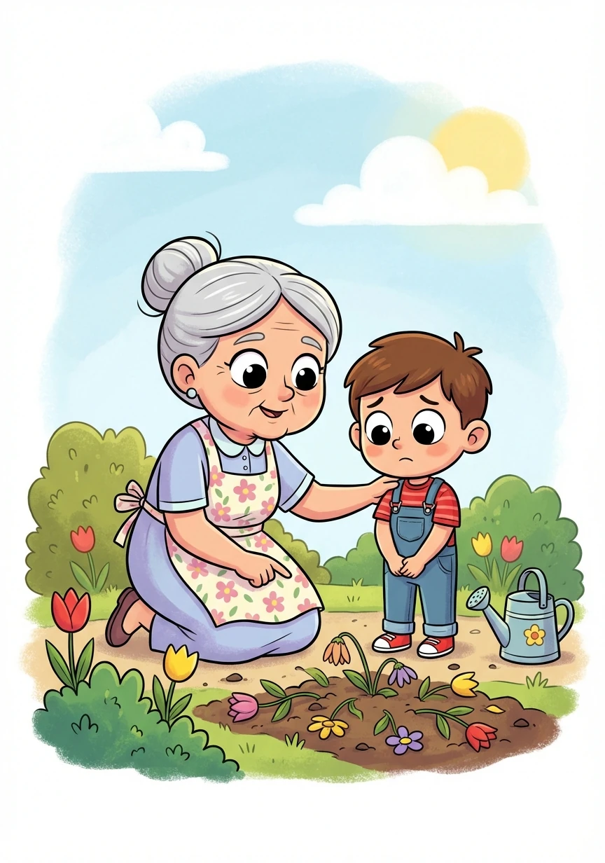 Grandma saw the destroyed flower bed. She gently explained that flowers need to stay in the ground to grow and be beautiful.