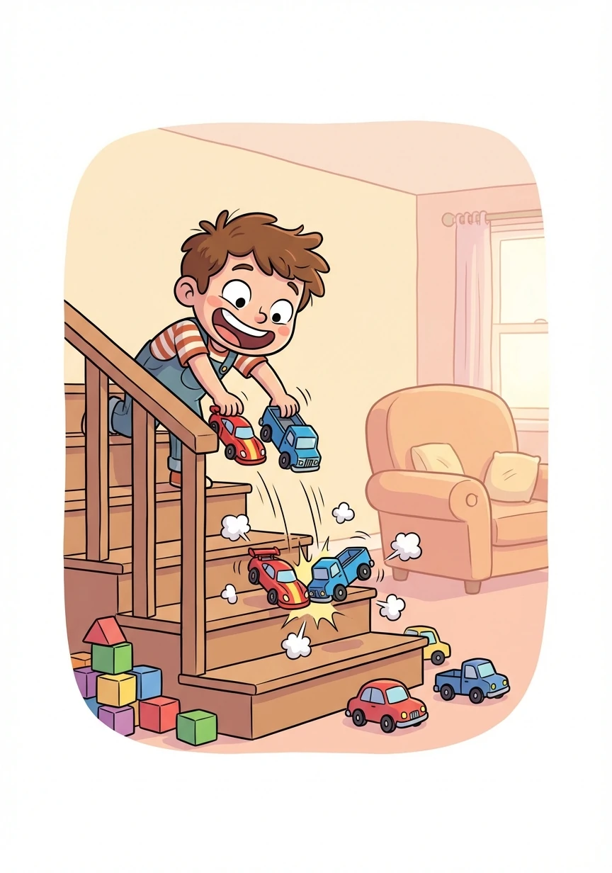 Later, Timmy found his toy cars. He decided to race them down the stairs, making a loud crashing noise.