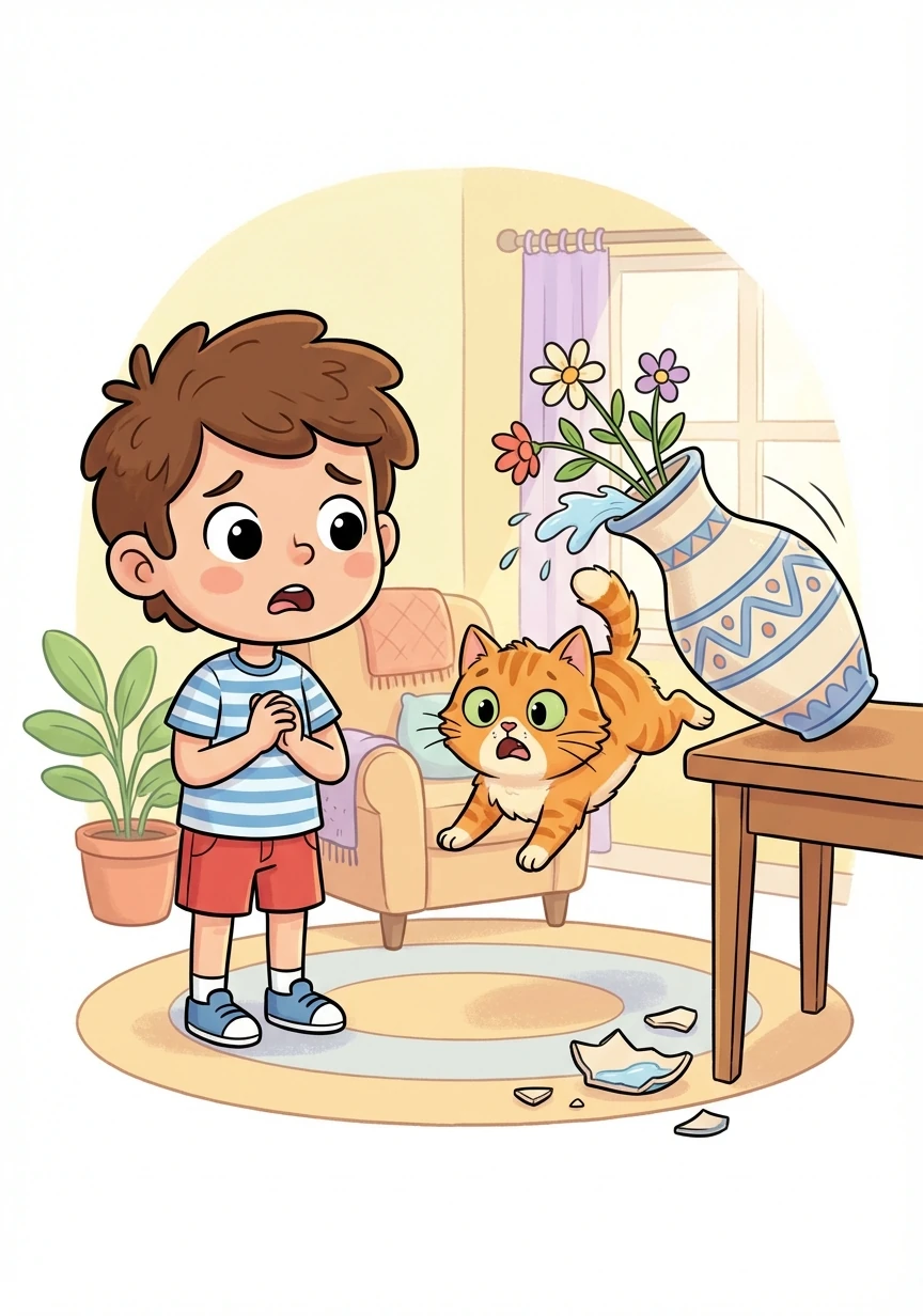 The noise startled the cat, Mittens, who jumped and knocked over a vase. Timmy felt bad that he had scared Mittens.