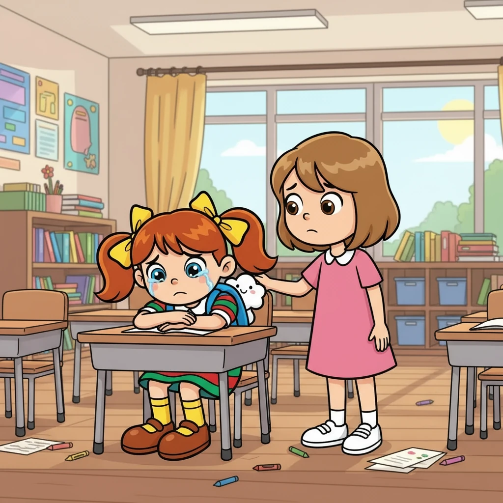 Eines Tages, als Lily am Boden zerstört im Klassenzimmer saß, bemerkte ihre beste Freundin, Mia, ihre Traurigkeit. Mia war verblüfft und besorgt über Lilys Zustand. Sie beschloss, Lily zu helfen, und suchte nach einer Lösung.