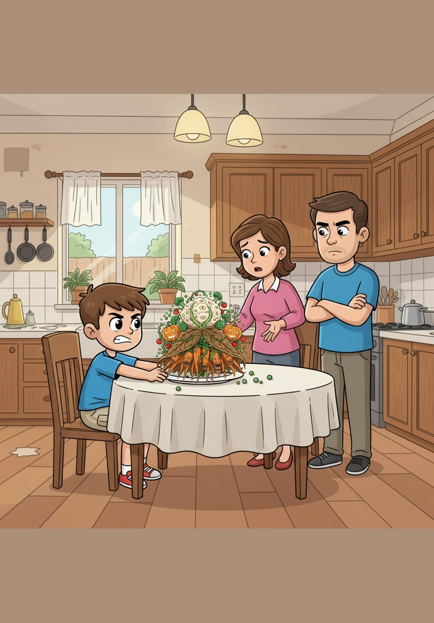 Leo pushes his dinner plate away, glaring at the pile of cold, untouched broccoli. Little does he know, the vegetables are staring back with tiny, hidden eyes from the shadows of the kitchen.