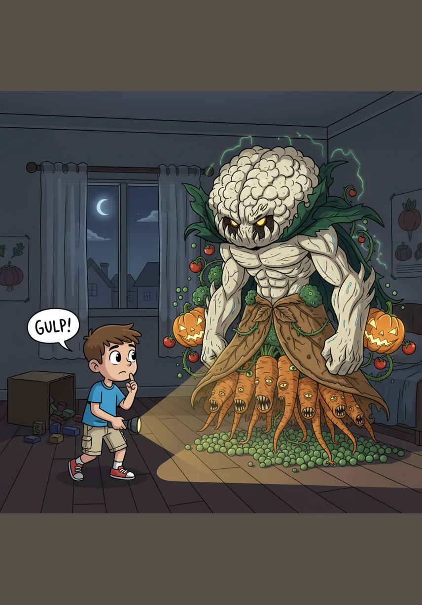 A strange, rhythmic thumping echoes from the kitchen as the clock strikes midnight. Leo tiptoes down the stairs, guided by a faint, pulsating green glow emanating from the cracked refrigerator door.