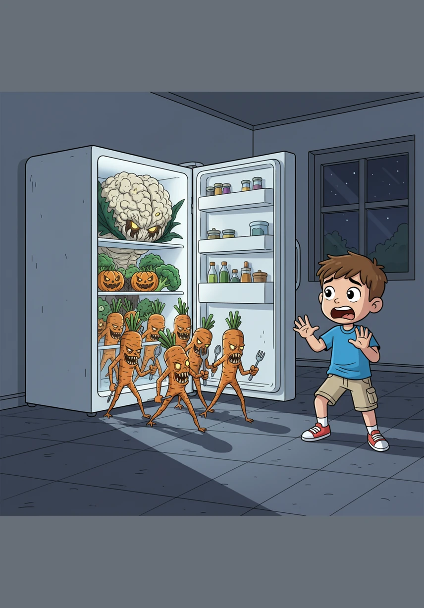 The refrigerator door swings wide, revealing carrots that have sprouted long, spindly legs and jagged wooden teeth. They march across the linoleum floor, their orange skin crinkled like ancient parchment in the moonlight.