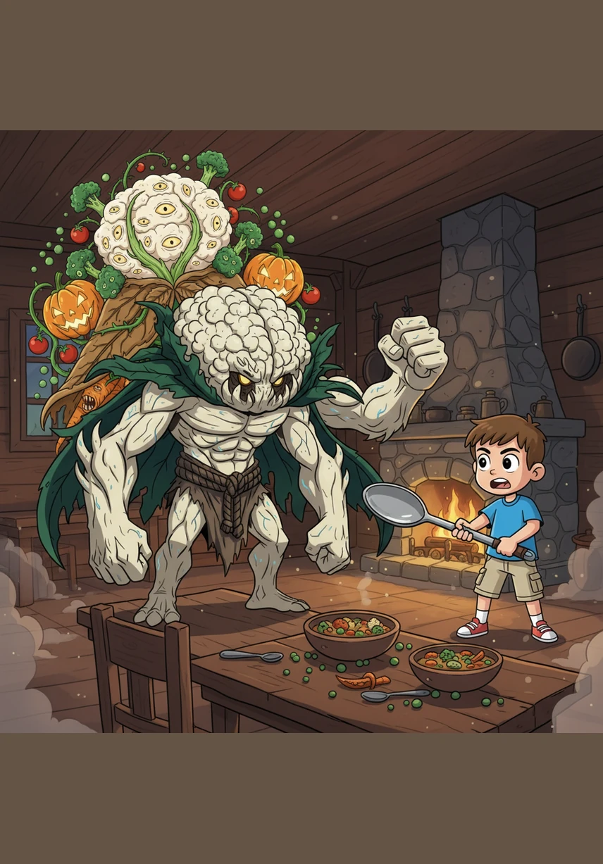 Outside the window, the pumpkin patch transforms into a sea of glowing, jagged faces. The pumpkins let out low, rumbling chuckles that vibrate through the glass panes as they roll toward the house.