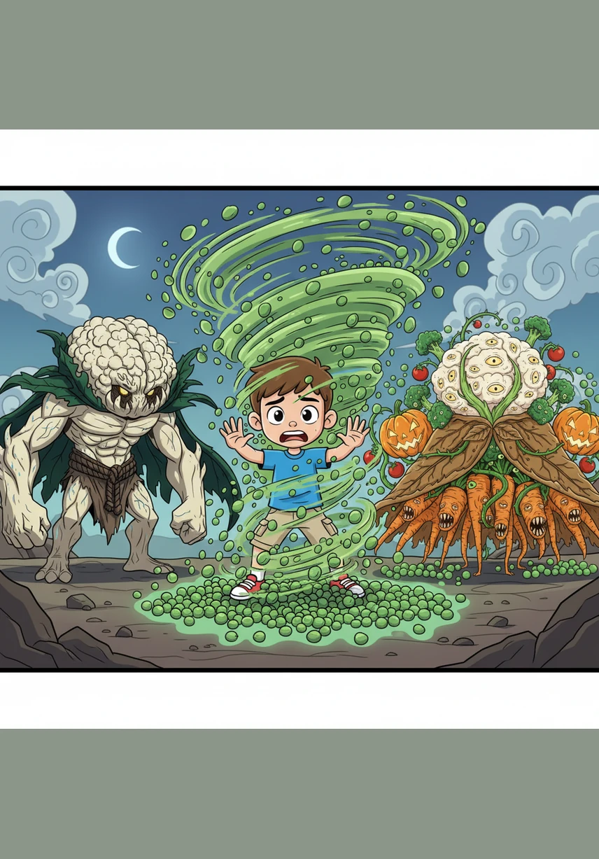 A swarm of peas floats into the air, swirling around Leo like a miniature emerald galaxy. Each pea emits a faint, ghostly hiss as they circle faster and faster, trapping him in a whirlwind of green.