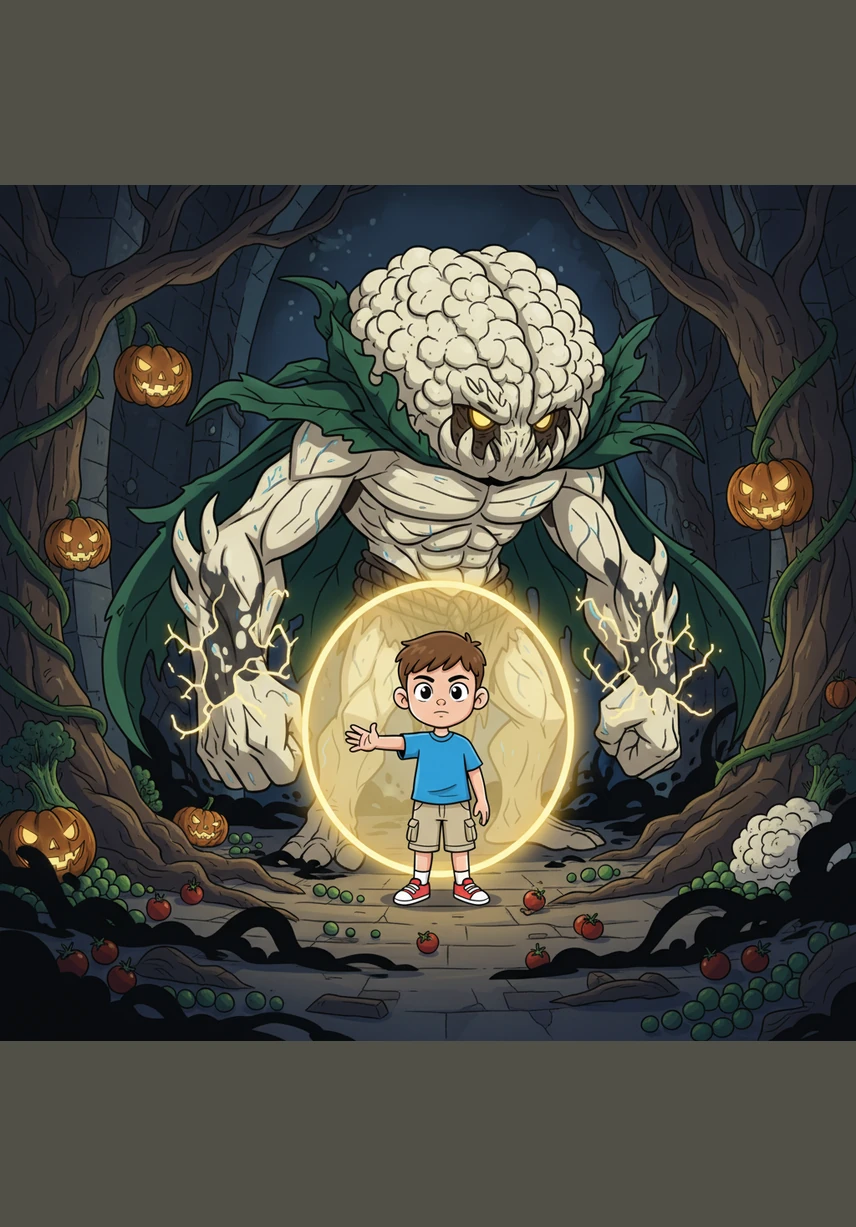 From the shadows of the pantry emerges the Great Cauliflower, a pale, brain-like creature with a thousand unblinking eyes. It looms over the kitchen island, its heavy leafy cape rustling like dry, dead leaves.