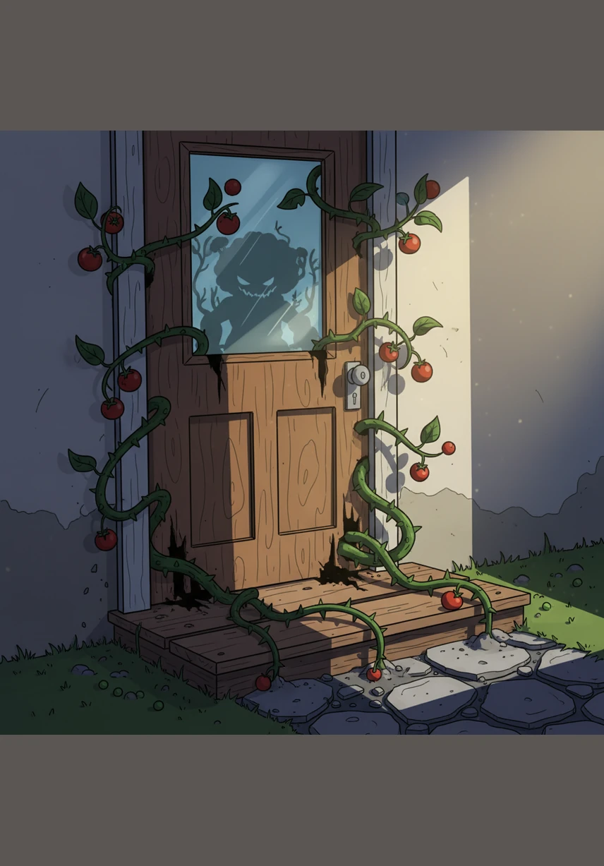 Long, thorny vines from the tomato plants snake through the cracks in the back door. They twist and turn with impossible speed, forming a living maze of stalks that blocks every exit from the room.