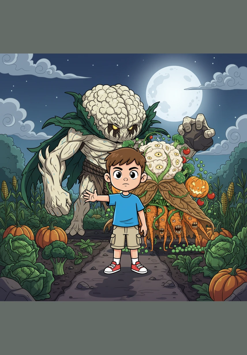 Leo realizes the vegetables are performing a wild ritual to the harvest moon, dancing in the silver light. The scary shapes are actually the ancient protectors of the garden, revealing their secret power to the boy.