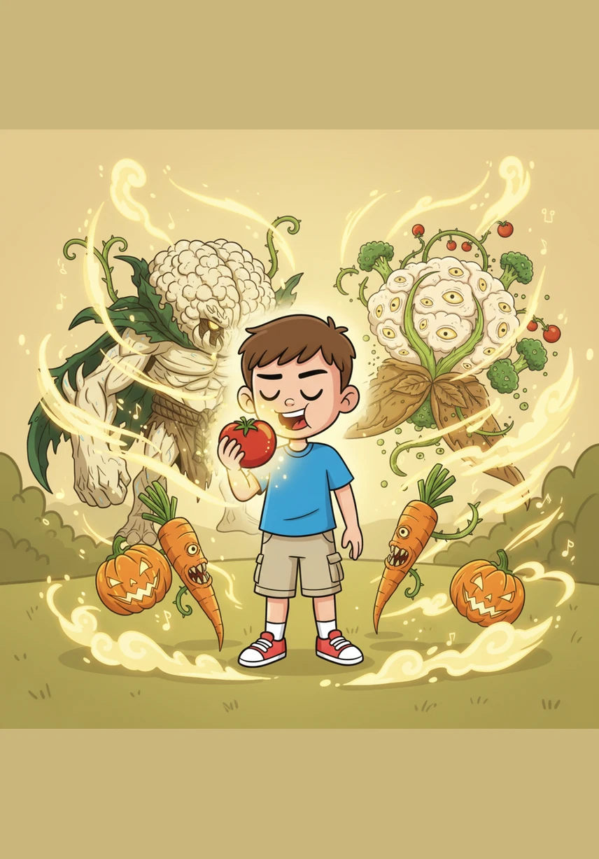 With a deep breath, Leo reaches out and bravely takes a bite of a glowing, magical tomato. As he eats, the terrifying shadows dissolve into warm, golden light, and the angry garden spirits begin to hum a peaceful tune.